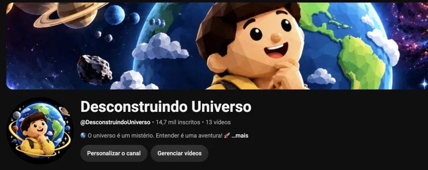 Print do canal Desconstruindo Universo no YouTube: 14,7 mil inscritos e 13 vídeos